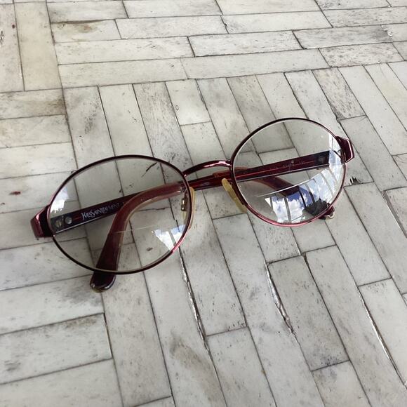 Vintage YSL Red Burgundy Wine Glasses Round Wire Frames Size Y375 Made In Italy - Picture 1 of 11